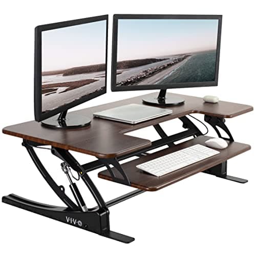VIVO 42 inch Height Adjustable Stand Up Desk Converter, V Series, Quick Sit to Stand Tabletop Dual Monitor Riser Workstation, Dark Walnut Top, Black Frame, DESK-V000VLD - Desk