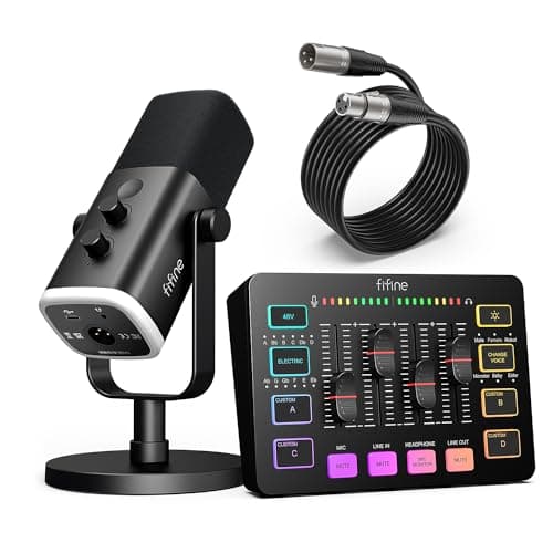 FIFINE Gaming Equipment Bundle, Dynamic XLR/USB Gaming Microphone Set with Streaming Audio Mixer for Podcast Recording Video Vocal, RGB Gamer Set with Volume Fader/XLR Interface for PC-AmpliGame KS5 - Audio Interface