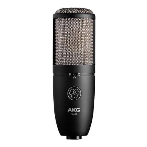 AKG Pro Audio P420 Multi-Pattern Condenser Microphone with Shock Mount and Case. Great for ensemble recording, grand piano, woodwind, brass instruments, drums and percussion. Black and Gold. - Microphone