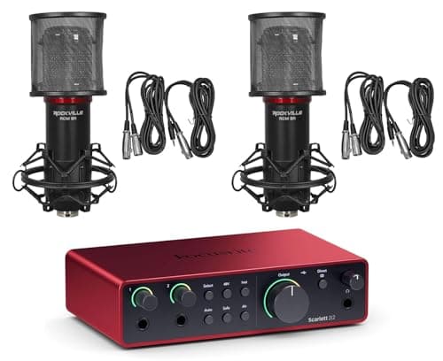 Audiosavings Bundle: Focusrite Scarlett 2i2 4th Gen Studio Recording USB Audio Interface+Software Bundle with (2) Rockville RCM SR Studio/Recording Condenser Microphone (3 Items) - Audio Interface