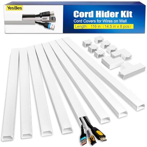 YesBes 116in Cord Hider Kit, Cord Covers for Wires on Wall, Paintable Cable Raceway, Cord Hider for Wall Mount tv, tv Cable Hider Wall kit, Wire Covers for Cords, W0.96in X H0.57in, White - Cable Management