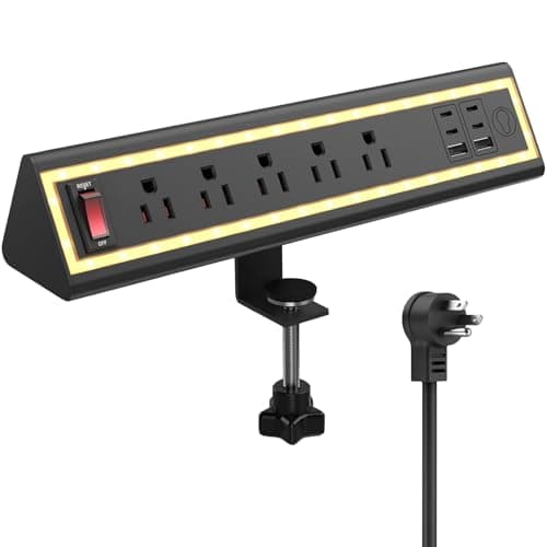 NYYTGE Desk Clamp Power Strip with Nightlight, 40W Fast Charging, 6FT Extension Cord, 4x20W USB-C & 2 USB Ports, 5 AC Outlets, Fits 1.69-Inch Table Edges - Desk