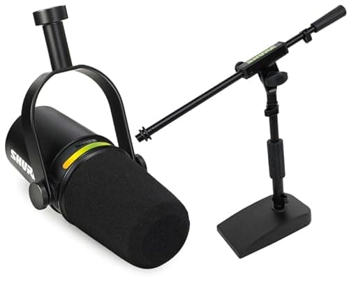 Shure MV7+ Podcast Dynamic Microphone with Low Profile Mic Stand. OBS Certified, Enhanced Audio, LED Touch Panel, USB-C & XLR Outputs, Auto Level Mode, Digital Pop Filter, Reverb -Black - Microphone