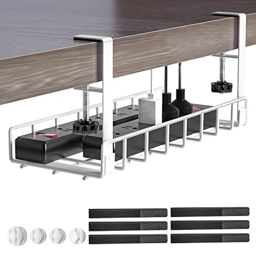 Xpatee Under Desk Cable Management Tray, Xpatee Upgraded Wire Management No Drill No Screws, Cable Tray with Clamp for Wire Organizers, Computer Cord Rack for Office, Home - No Damage to Desk White - Cable Management