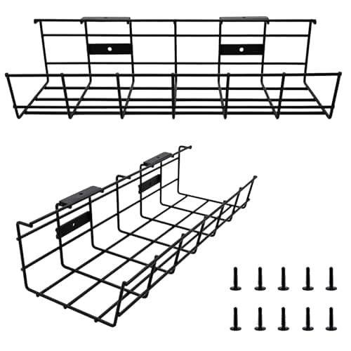 COYACOOL Under Desk Cable Management- 2 Pack Cord Organizer. Metal Wire Cable Management Tray for Office, Studio and Home. Super Sturdy Under Table Cable Management - Black Cable Organizer - Cable Management