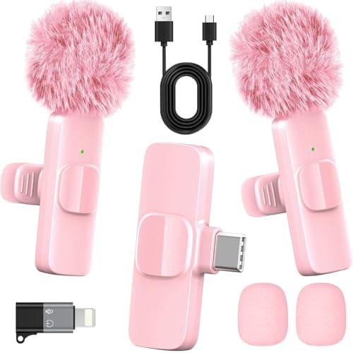HONGJIEYUAN Pink Wireless Lavalier Microphone for iPhone & Android - Mini Clip-On Mic with Noise Cancellation, 65ft Range, 8H Battery, USB-C/Lightning - for TikTok, YouTube, Podcast, Live Streaming - Microphone