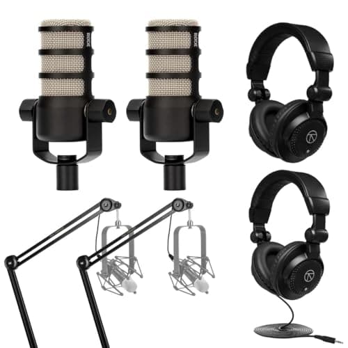 Rode 2X PodMic Dynamic Podcasting Microphones Bundle with H&A Broadcast Arms with Internal Springs and Integrated 10' XLR Cables, High-Performance Closed-Back Studio Monitor Headphones (6 Products) - Microphone