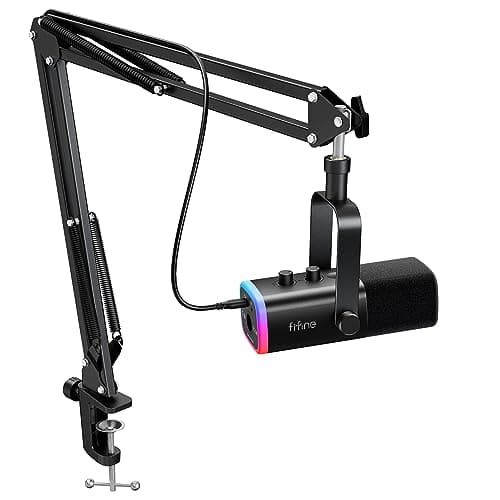 FIFINE XLR/USB Gaming Microphone Set, Dynamic PC Mic for Streaming Podcasting, Computer RGB Mic Kit with Boom Arm Stand, Mute Button, Headphones Jack, for Recording Vocal Voice-Over-AmpliGame AM8T - Microphone