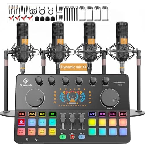 SquarockTek Podcast Equipment Bundle for 4, All-in-One Audio Mixer with Dynamic Micophones Noise Reduction for Live Streaming/Recording/Singing，PC,Smartphone，TikTok M100 3rd - Audio Interface