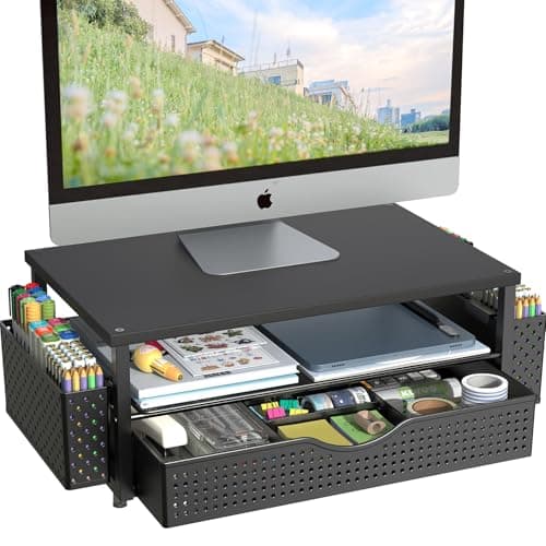 Spacrea Desk Organizer and Accessories, Computer Monitor Stand Riser with Drawer and 2 Pen Holders, Office Desk Accessories & Workspace Organizers for Office Supplies (Black) - Desk