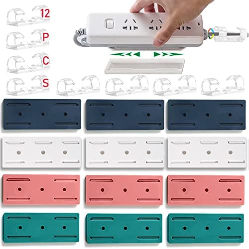 CHNLML 12PCS Power Strip Holder, Adhesive Punch-Free Socket Holder, Self Adhesive Socket Desktop Fixer, Cable Management Punch Free Surge Protector, Desktop Mobile Socket Holder Wall Mount and 8 Cable Clips - Cable Management