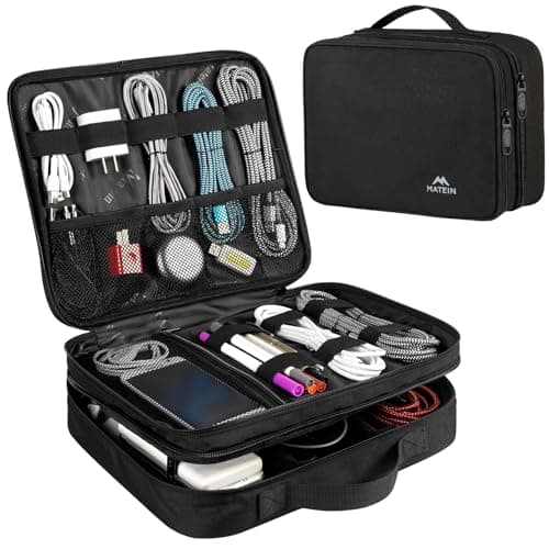 MATEIN Cable Organizer Bag, Large Travel Storage Bag Sturdy Tool Case with Handle for Phone Cord Electronics Accessories, Carrying Case for Tablet (Up to 12.9inch), Powerbank, Hard Drive, Black - Cable Management