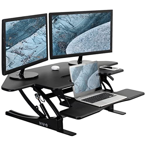 VIVO 43 inch Corner Height Adjustable Cubicle Stand Up Desk Converter, V Series, Quick Sit to Stand Tabletop Dual Monitor Riser Workstation, Black, DESK-V000VC - Desk