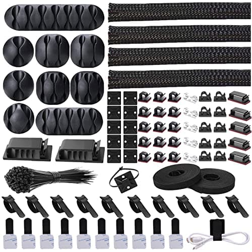 N NOROCME Cord Management Organizer Kit 4 Cable Sleeve split with 41Self Adhesive Cable Clips Holder, 10pcs and 2 Roll Self Adhesive tie and 100 Fastening Cable Ties for TV Office Car Desk Home - Cable Management