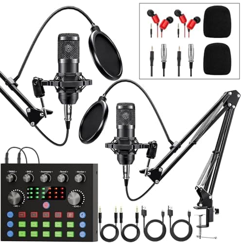 Brvomussy Podcast Equipment Bundle for 2, Audio Interface with Voice Changer Condenser Microphones for Gamer, All-in-One Audio Mixer Perfect for Live Streaming, Singing, YouTube, Gaming - Audio Interface