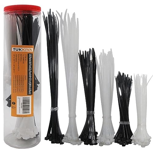 TUKKIVA 200 Pack White & Black Zip Ties Assorted Sizes 6+8+12 Inch Heavy Duty Cable Ties - Variety Pack Wire Ties - Cable Management