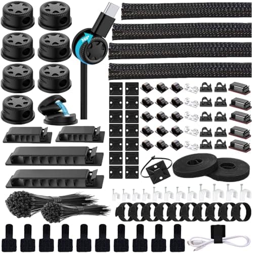 ELII 328Pcs Cable Management Kit, 8 Magnetic Cable Holder,69Adhesive Cable Clips,4 Cable Sleeve Split,22Reusable Cable Strap,200 Nylon Cable Zip Ties with 25 Mounts TV Office (Black) - Cable Management