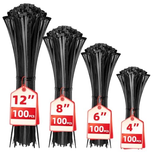 HAVE ME TD Cable Zip Ties,400 Pack Black Assorted Sizes 12+8+6+4 Inch,Multi-Purpose Self-Locking Nylon Cable Cord Management,Plastic Wire Ties for Home,Office,Garden,Workshop. By HAVE ME TD - Cable Management