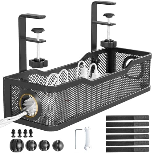 Cinati Under Desk Cable Management Tray Black, Cinati Wire Organizers No Drill, Cable Tray with Clamp for Wire Management, Cord Organization Box for Office, Home - No Damage to Desk - Cable Management