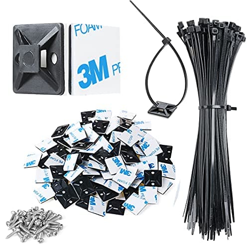 XHF 3/4" Strong Back-Glue Self Adhesive Black Cable Zip Tie Mounts 100pcs with 8" Zip Ties, Screws, UV Protection Outdoor Sticky Wire Fasteners Cable Clips Management Anchors Organizer Holders Squares - Cable Management