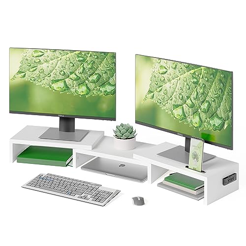 BONTEC Dual Monitor Stand Riser with Smartphone Holder, Adjustable Length & Swivel Angle, Ergonomic Wooden Desktop Organizer for PC Monitor, Laptop, Printer, Large Storage, White - Desk