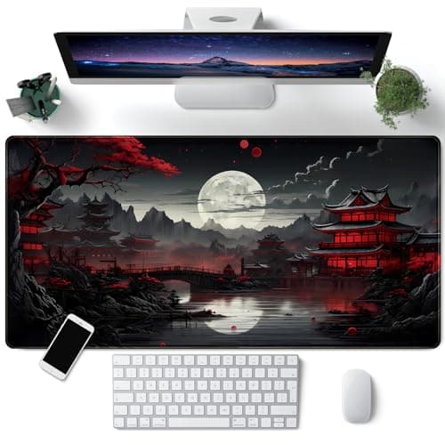 CYZFF Japanese Desk Mat Riverside Full Moon Desk Pad Black Red Large Mouse Pad Gaming Mousepad Extended XXL Keyboard Pad 31.5 x 15.7 in Laptop Computer Mouse Keyboard Mat for Office Desk Decor - Mousepad / Desk Mat
