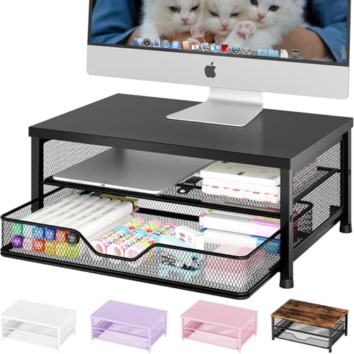 OPNICE Computer Monitor Stand Riser, Desk Organizer with Drawer, Laptop Stand, Office Desk Accessories & Workspace Desktop Organizers Storage for Office Supplies(Black) - Desk