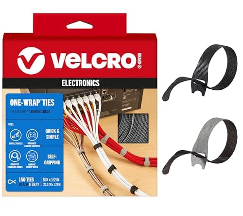 VELCRO Brand 150pk Cable Ties Value Pack, 8in | Gifts for Tech Lovers | For Wire Management and Cord Organizer | Replace Zip Ties with Reusable Straps, Reduce Waste - Cable Management