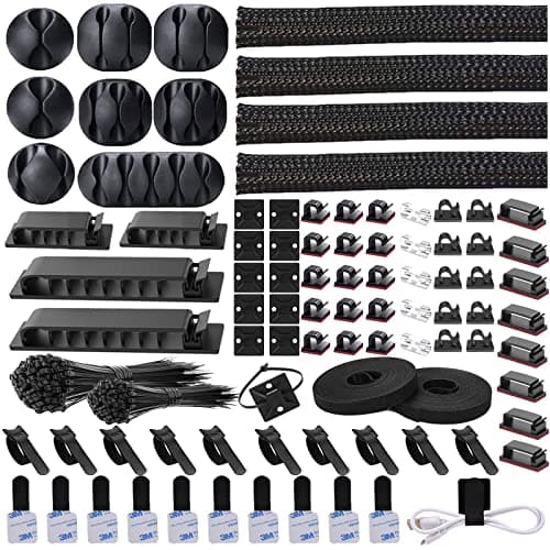 DRIVUU 311Pcs Cable Management Organizer Kit 4 Cable Sleeve Split,53Cable Clips 12Cord Clips Holder,22 Cable Ties, 20 Adhesive Wall Cable Tie, 200Fasten Cable Ties for TV Office Home Electronics - Cable Management