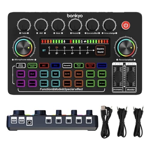 bonkyo F999X Live Sound Card, Professional Audio Mixer & Noise Reduction, Electronic Music Adjustment & Battery Display, Audio Interface & Voice Changer, RGB Effects, DJ Mixer for Gaming/Podcasting/Karaoke - Audio Interface