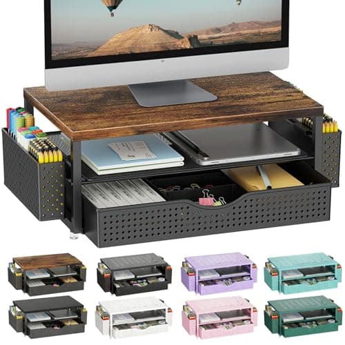 gianotter Wood Monitor Stand Riser, Office Desk Shelf Organizer, Desk Organizer with Drawer and Pen Holder, 2-Tier Computer Stand, Office Organization (Wood) - Desk