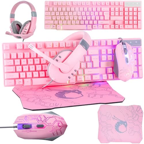 Orzly Pink Gaming Keyboard and Mouse Headset Headphones and Mouse pad, Wired LED RGB Backlight Bundle Pink PC Accessories for Gamers and Xbox and PS4 PS5 Nintendo Switch Users - 4in1 Edition Hornet RX-250 - Gaming Chair
