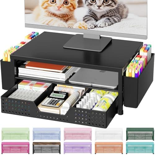 OPNICE Desk Organizers and Accessories, Computer Monitor Stand Riser with Drawer and 2 Pen Holders, Laptop Stand, Office Desk Accessories & Workspace Organizers for Home Office Supplies, Office Book Rack, Black - Desk