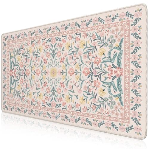 iCasso Pink Floral Desk Mat, Desk Pad, XXL Large Mouse Pad, Anti-Slip Big Mousepad with Stitched Edges, Computer Mouse Pads for Desktop Decor, Cute Office Desk Accessories for Women(Pink) - Mousepad / Desk Mat