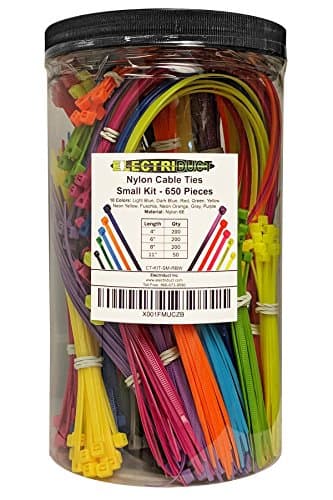 Electriduct Nylon Cable Tie Kit - 650 Zip Ties - Multi Color (Blue, Red, Green, Yellow, Fuchsia, Orange, Gray, Purple) - Assorted Lengths 4", 6", 8", 11" - Cable Management