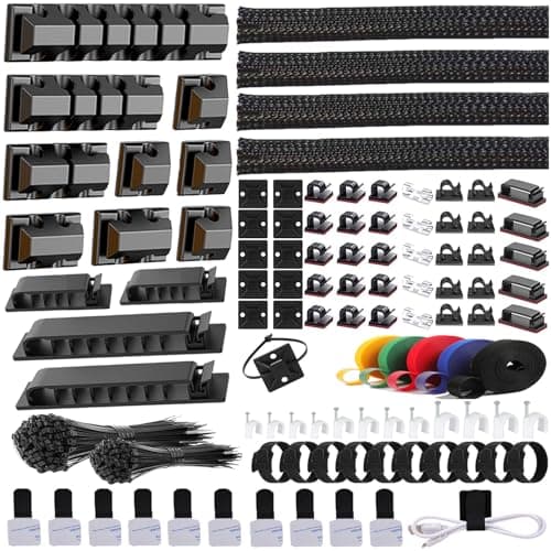 ELII 327 PCS Cable Management Kit 4 Cable Cable Sleeves,65 Cable Clips with 13Cord Holders,25 Roll Cable Organizer Straps,200 Fastening Cable Ties,20 Cable Zip Tie Mounts for Computer (Black) - Cable Management