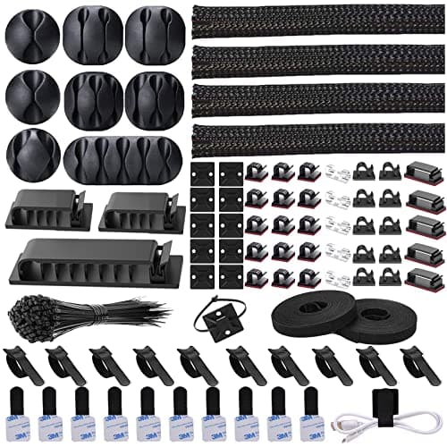 N NOROCME 192 PCS Cable Management Kit 4 Wire Organizer Sleeve,11 Cable Holder,35Cord Clips 10+2 Roll Cable Organizer Straps and 100 Fastening Cable Ties for Computer TV Under Desk, black,clear - Cable Management