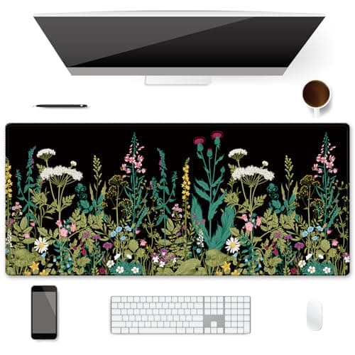 iDonzon XXL Waterproof Office Desk Pad Protector 35.4x15.7 Inch - Extended Gaming Mouse Pad with Non-Slip Rubber Base, Thickened Keyboard Mat, Stitched Edges & Weeds Design - Mousepad / Desk Mat