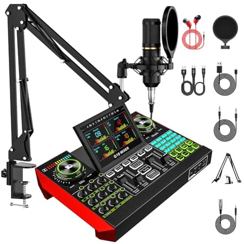 neculogy Podcast Equipment Bundle with 3.5mm BM800 Condenser Microphone for Pc/Phone Live Streaming Singing Gaming, Podcast Microphone Bundle with Live Sound Board Audio Mixer,Voice Changer, Denoise,DJ Sets - Audio Interface
