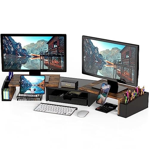 Simple Houseware Desk Dual Monitor Stand Riser with Drawer, Rustic Brown - Desk