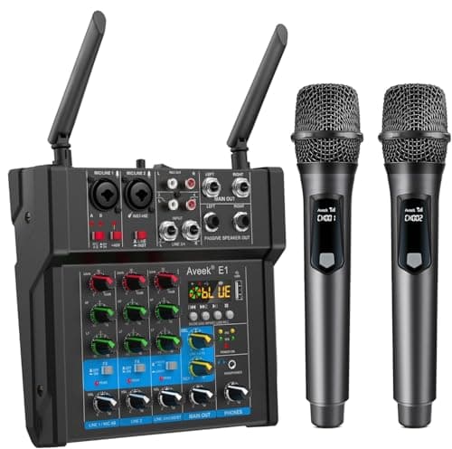 Aveek 150W x2 Powered Amplifier Audio Mixer,4 Channel with Dual Wireless Mic Sound Board Console MP3 Digital USB Bluetooth Computer Input 48V Phantom Power Stereo DJ Mixing for Karaoke Party - Audio Interface