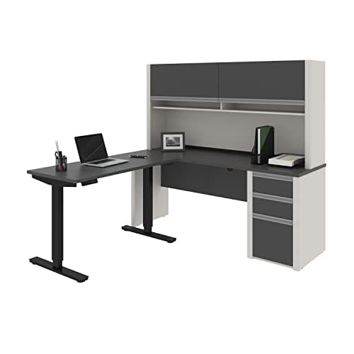 BESTAR Connexion L-Desk with Hutch Including Electric Height Adjustable Table, Slate/Sandstone - Desk