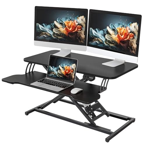 YIHAYO Electric Standing Desk Converter 32 inch, Sit to Stand Up Height Adjustable Desk Riser, Quick Sit to Stand Tabletop Dual Monitor Riser Workstation for Home Office with Keyboard Tray, Black - Desk