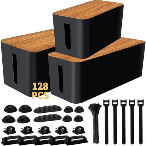 YUANYE Cable Management Box Cable Management Kit for Power Strip to Hide Wires,Cord Organizer Boxes,Safe ABS Material Wire Organizer of Cable Clips Sleeve for Home & Office,3Pack-128PCS /Black - Cable Management