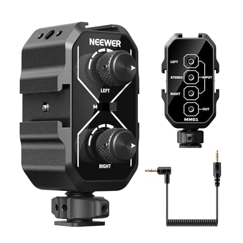 NEEWER MM01 Dual Channel Microphone Audio Mixer Adapter with 3.5mm TRS Cable, Stereo/Mono Switch, Cold Shoe Mounts for DSLR Camera, Smartphones, Battery Powered Microphones for Video Recording - Audio Interface