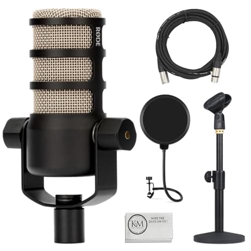 Rode PodMic Dynamic Podcasting Microphone | Black Bundle with Pop Filter + Desktop Microphone Stand + XLR Cable + Cleaning Cloth (5 Item) - Microphone