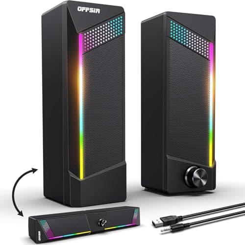 OFFSIR Computer Speakers, 2 in 1 PC Speaker , Gaming Speakers for PC Computer Laptop Desktop Monitor, RGB Speakers with Touch Sensitive Lighting, USB Powered 3.5mm Aux(Package Only Two Speaker, No Soundbar) - Desk