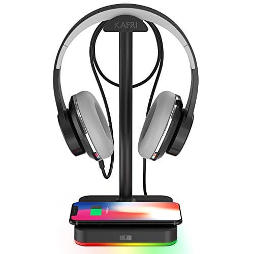 KAFRI RGB Headphone Stand with Wireless Charger Desk Gaming Headset Holder Hanger Rack with 10W/7.5W Fast Charge QI Wireless Charging Pad - Suitable for Gamer Desktop Table Game Earphone Accessories - Desk