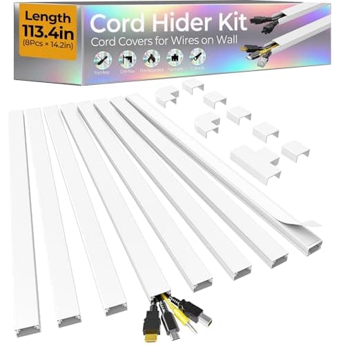 Wuitaouy 113.4in Cord Hider Kit, Cord Covers for 2-4 Wires on Wall, Self-Adhesive Cable Hider Wire Covers for Cords on Wall, Paintable Cord Hider for Walls Mount Tv, Cable Cover Raceway, W0.95 H0.55in, White - Cable Management