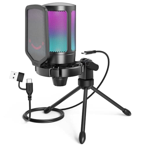 FIFINE Gaming USB Microphone for PC PS5, Condenser Mic with Quick Mute, RGB Indicator, Tripod Stand, Pop Filter, Shock Mount, Gain Control for Streaming Discord Twitch Podcasts Videos- AmpliGame - Microphone